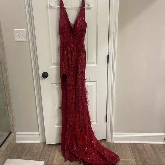 Portia and Scarlett red sequin feather gown - Picture 2 of 6